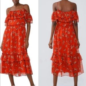Zara Red Floral Midi Dress With Ruffled Details NWT